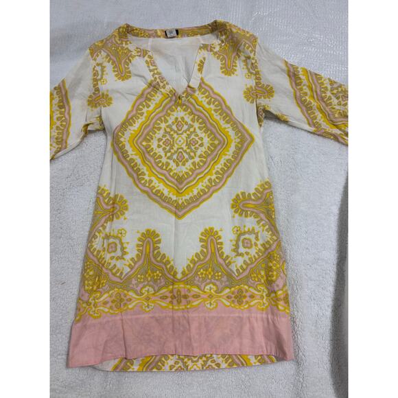 J.Crew Linen Cotton Boho Tunic Dress Yellow Pink Medallion Print Size 10 - Picture 2 of 8